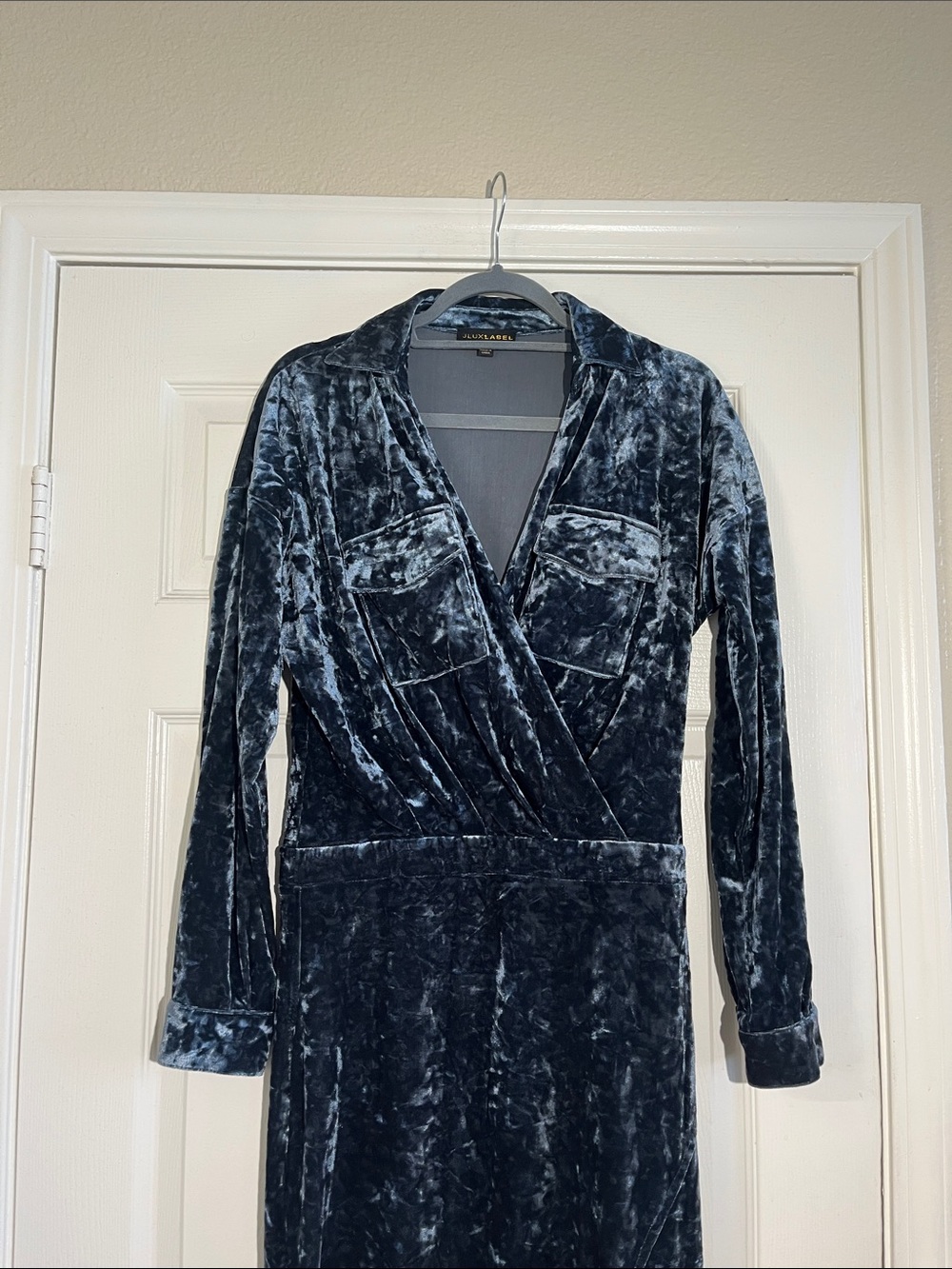 JLUXLABEL Blue Crushed Velvet Maxi Dress Wrap Deep V-Neck High Slit Size Medium - Picture 3 of 12